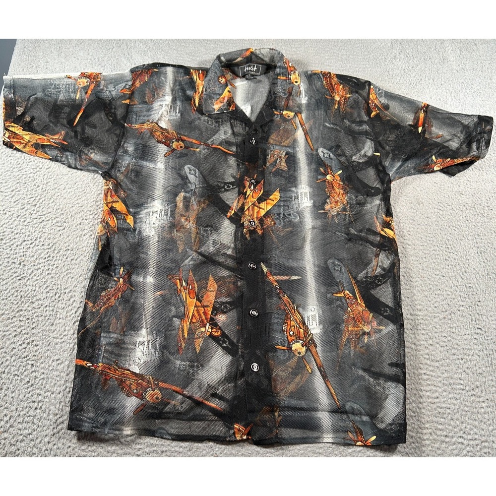 Trust Couture Collection Shirt Men XL Gray Black Airplanes Camp Collar Mesh